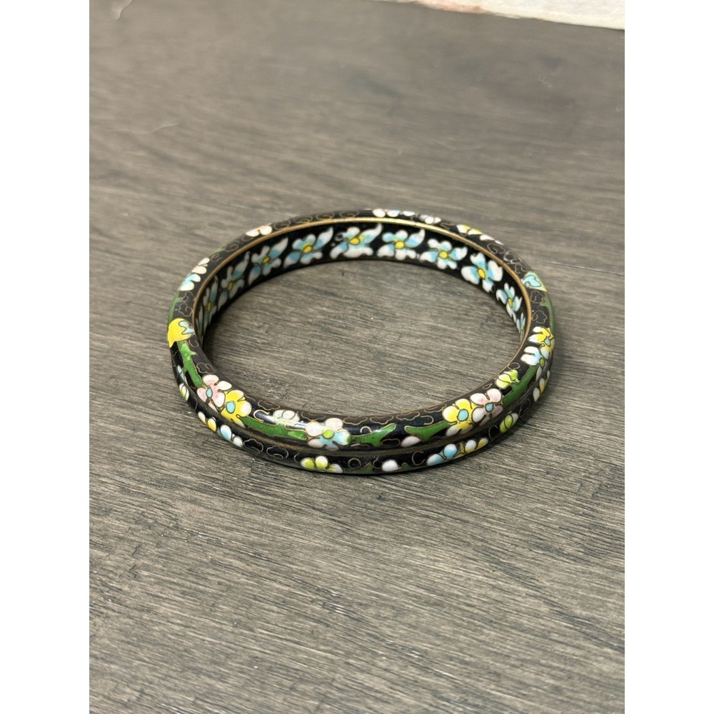 Vintage Double Wide Cloisonné Heavy Floral Bangle Bracelet Flowers Floral